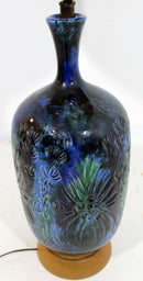 Mid Century Modern Blue Ceramic Fantoni Style Table Lamp w Original Shade Finial