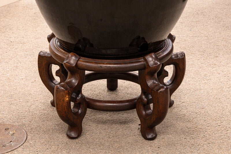 Pair of Modern Asian Urn Floor Ceramic Vases Black Glaze on Ornate Wooden Stands