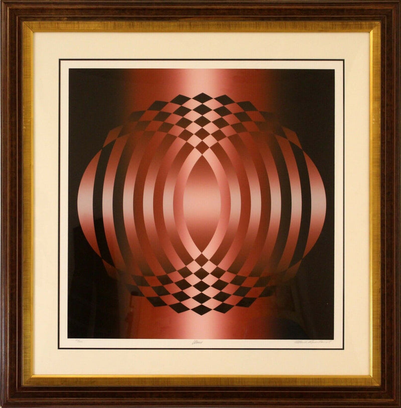 Mid Century Modern Mark Rowland Red Op Art 'Whim', Signed Lithograph Framed
