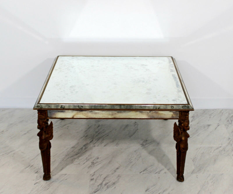 Antique Art Deco Carved Wood and Mirrored Glass Coffee Occasional Table