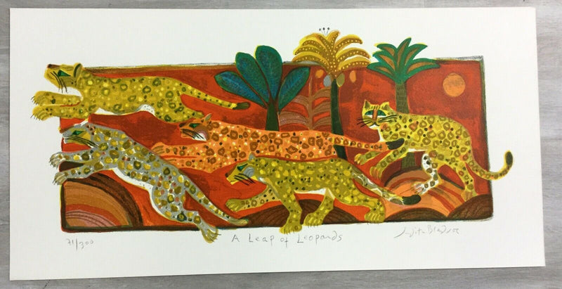 Mid Century Modern Unframed Leap of Leopards Judith Bledsoe Signed Lithograph