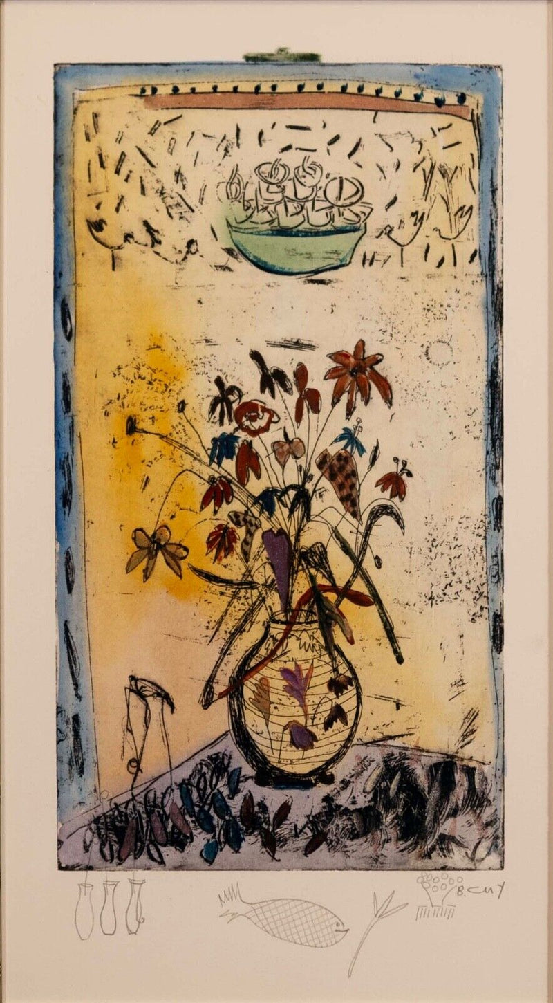 Bracha Guy Untitled Flowers in a Vase Signed Mixed Media on Paper Framed