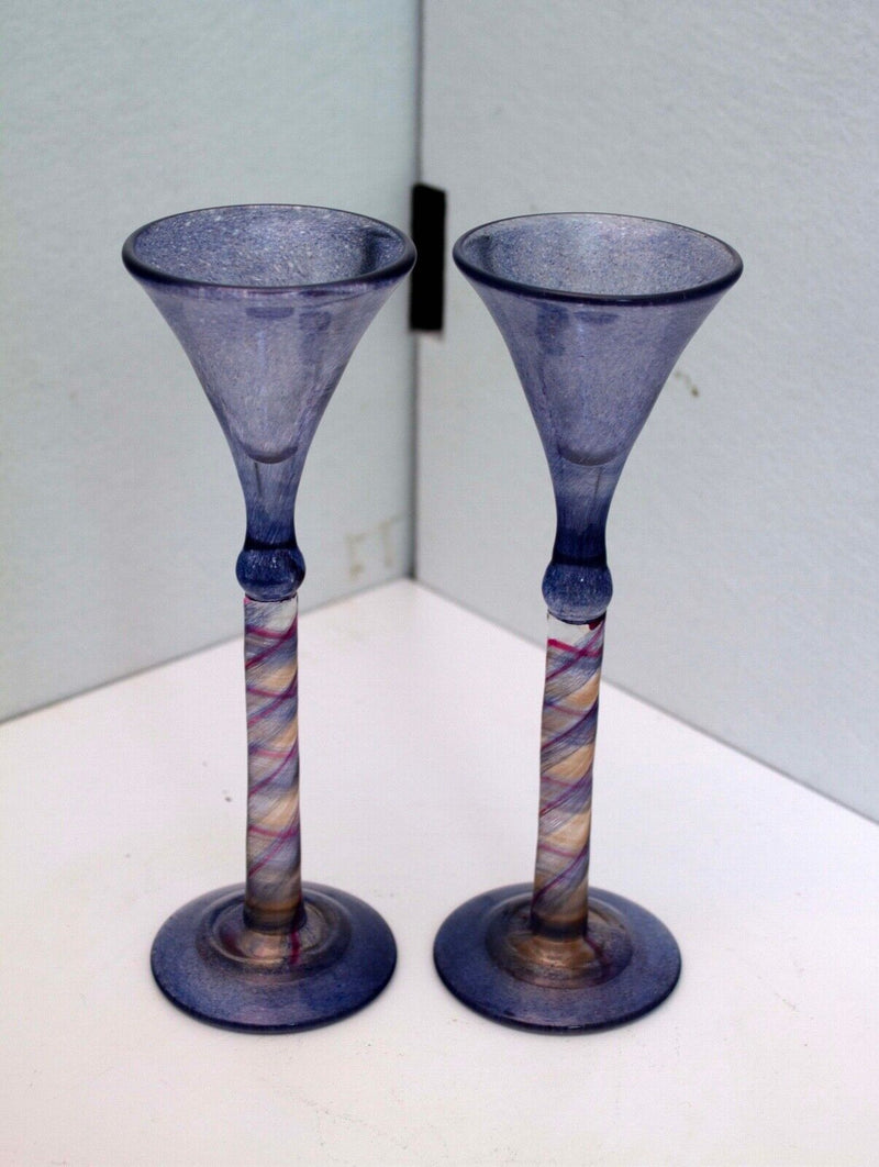 Eva Cully Signed Pair Blue Alsace Glasses Art Studio Glass V and VI with Swirled
