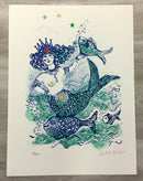 Mid Century Modern Unframed Mermaid Queen Judith Bledsoe Hand Signed Lithograph