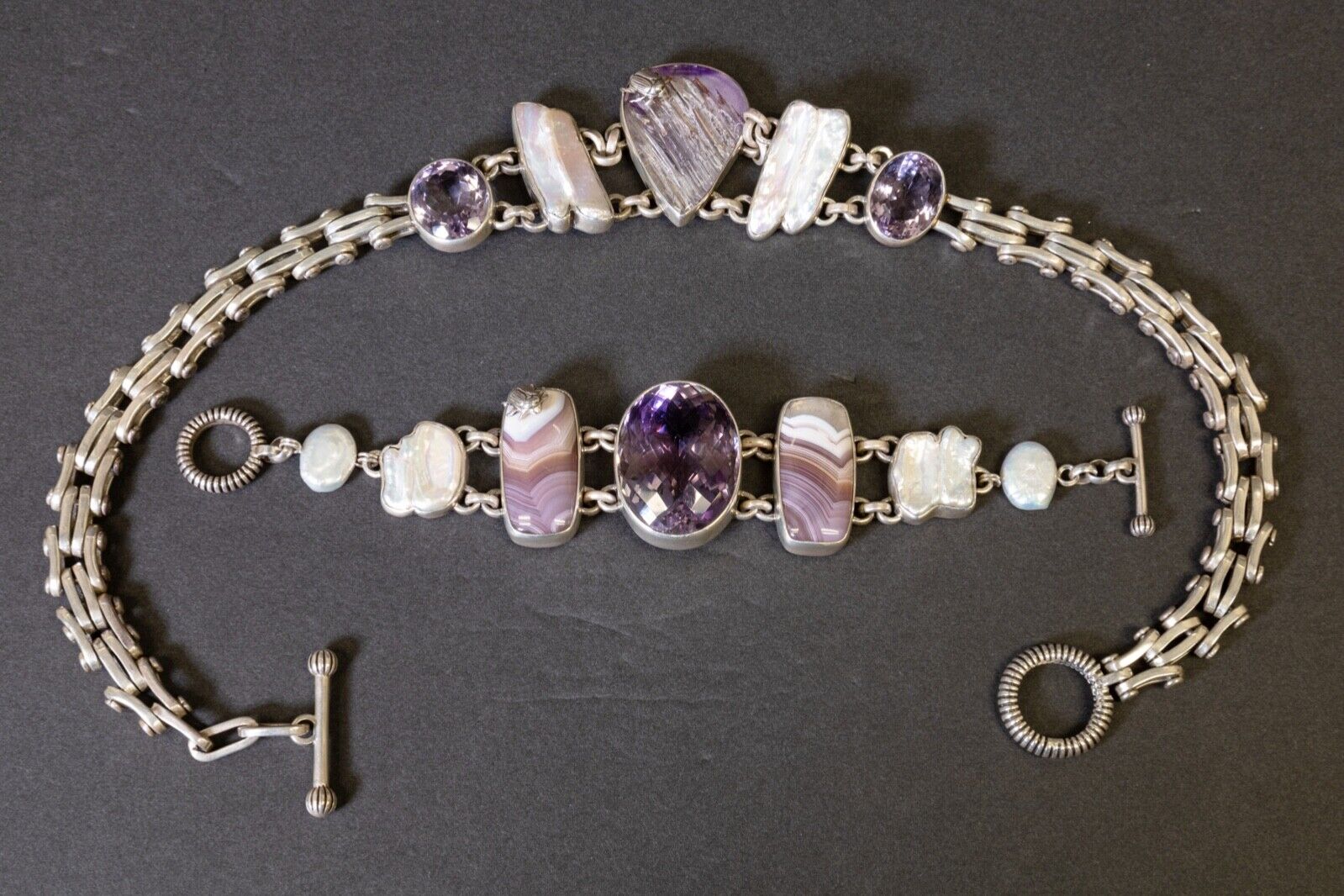 Stephen Dweck Purple Stone Sterling Silver Necklace and Bracelet