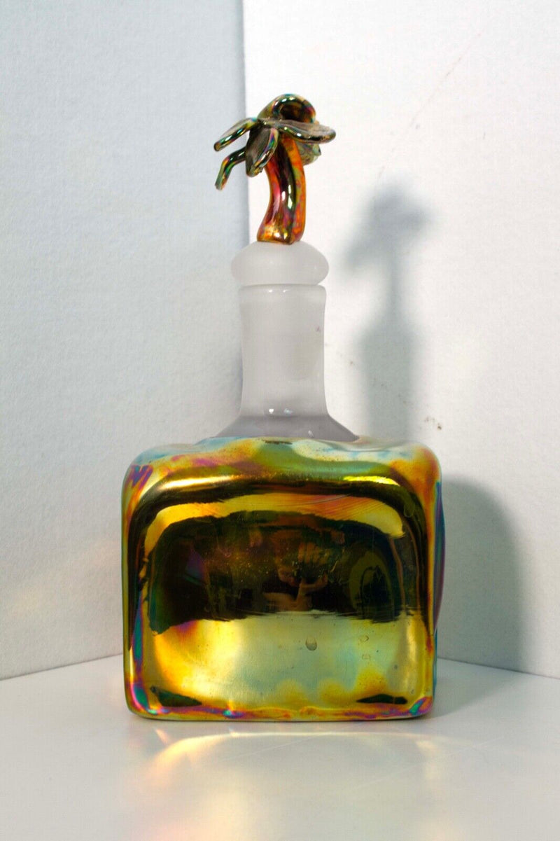 Paula Barton Signed Postmodern Iridescent Glass Decanter with Flower Design Top