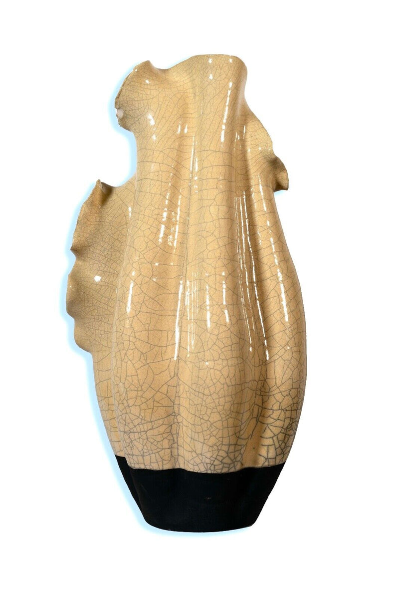 Ceramic Beige with Black Base Crazed Handkerchief Vase Signed Meming August 1971