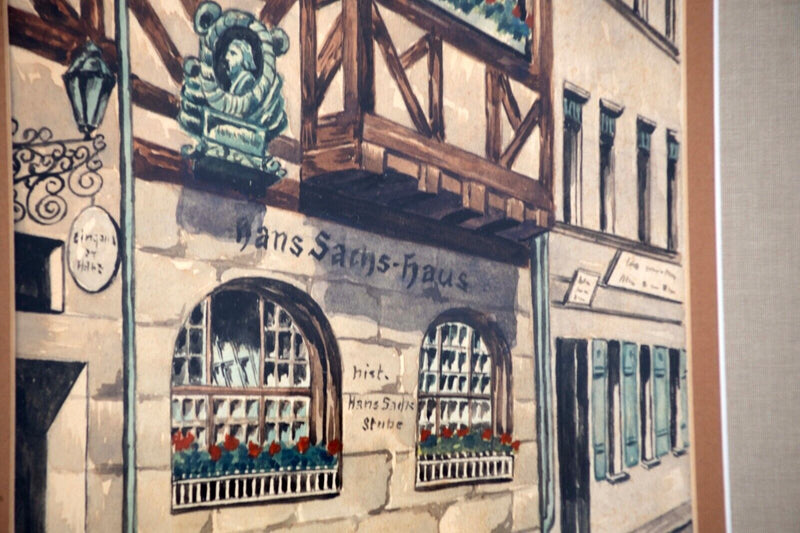 Hans Sachs House in Nuremberg Germany Original Vintage Watercolor on Paper