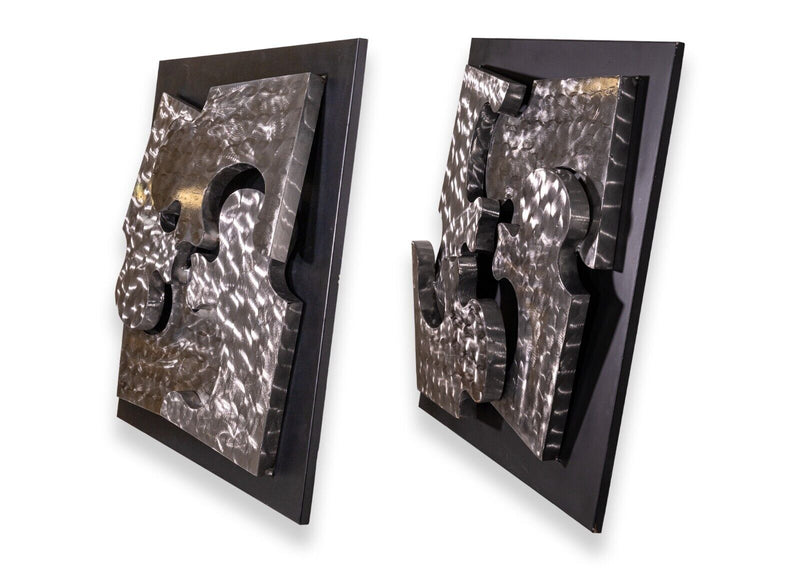 Signed Curtis Jere 1999 Pair of Puzzle Piece Brushed Metal Wall Sculptures