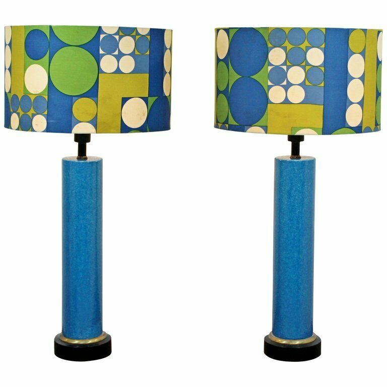 Mid Century Modern Monumental Pair of Blue Ceramic Table Lamps Panton Shades 60s