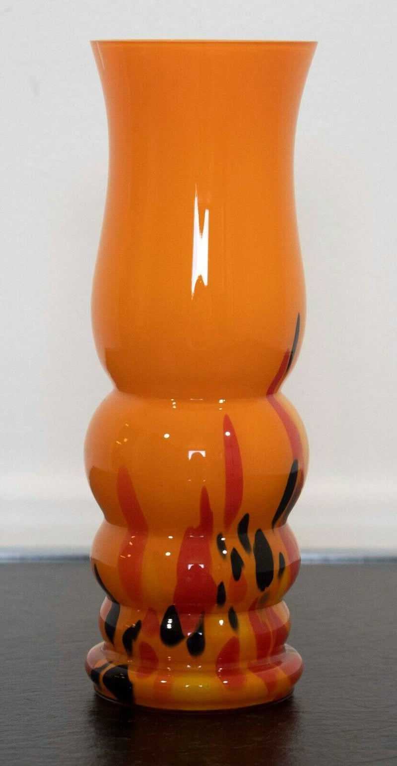 Czech Glass Orange Vase with Blue & Yellow Designs