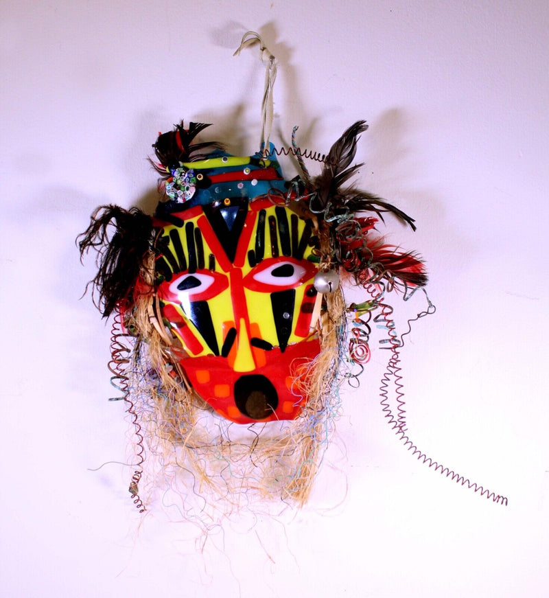 Helen Kovacs Contemporary African Mask Painted and Fused Glass with Bead Designs