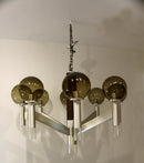 Large Mid Century Modern Smoked Glass & Metal & Walnut Chandelier Sonneman Style