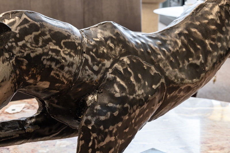 Mid Century Modern Brutalist Sprinting Black Metal Cheetah Sculpture On Base