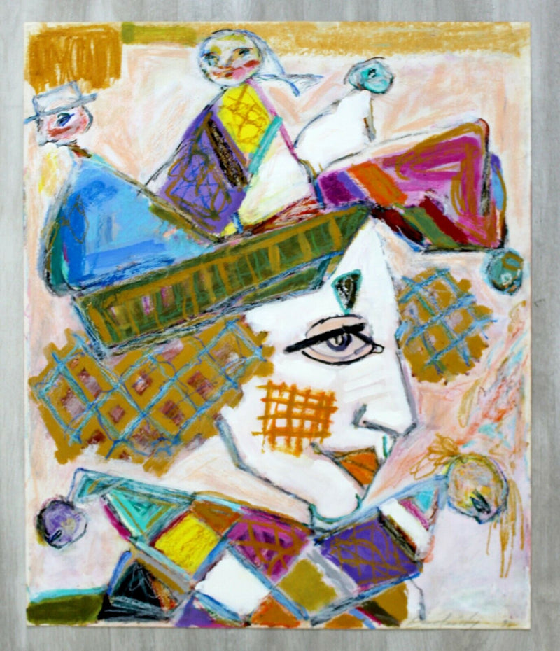 Contemporary Modern Unframed Signed Bartavsky Untitled Clown Pastel Art 1990s