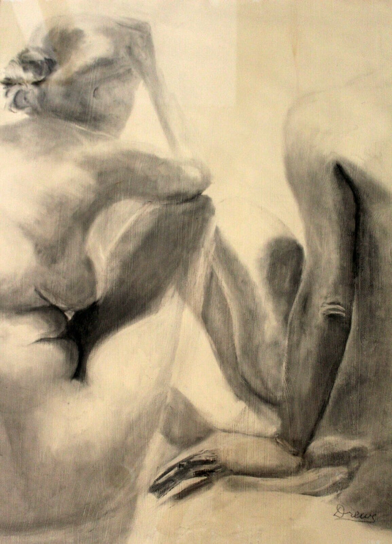 Contemporary Modern Framed Charcoal Drawing Signed Drewe Nude Figure Drawing