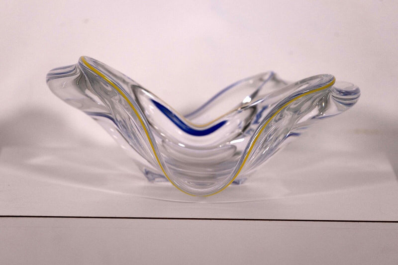 Frantisek Zemek Signed Blue and Yellow Abstract Glass Sculpture with Dual Bowls