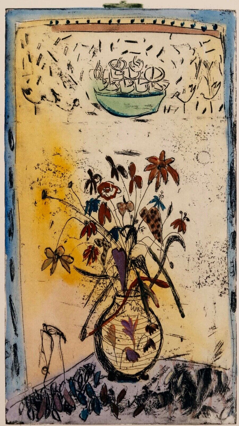 Bracha Guy Untitled Flowers in a Vase Signed Mixed Media on Paper Framed