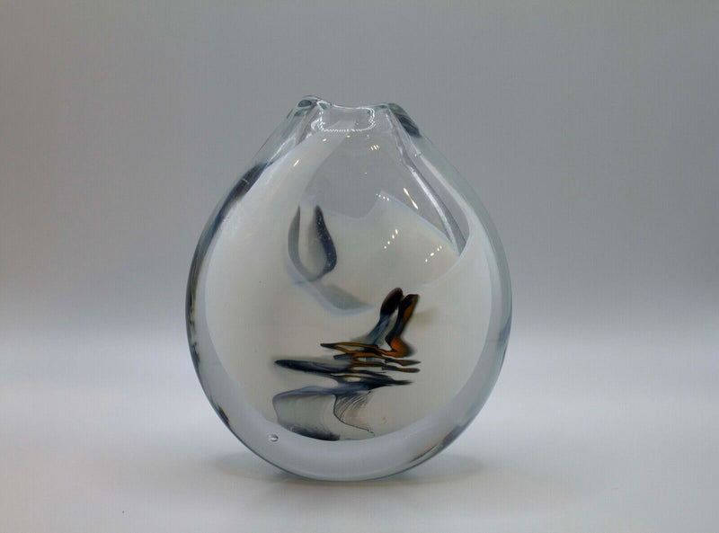 Sharon Fujimoto Modern White with Blue Swirl Design Studio Art Glass Vessel Vase