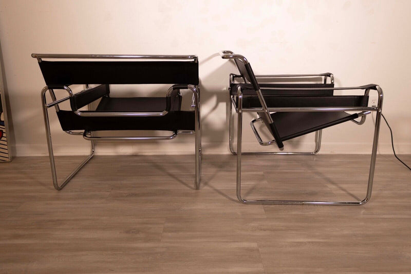 Pair of Vintage Black Leather and Chrome Wassily Style Chairs Mid Century Modern