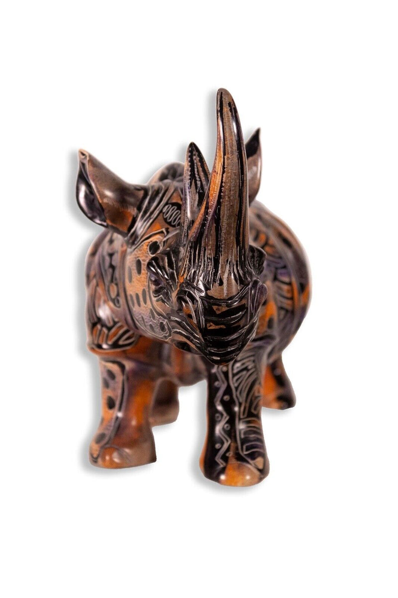 M. Gaiti Signed Painted African Kisii Soapstone Purple & Orange Rhino Sculpture