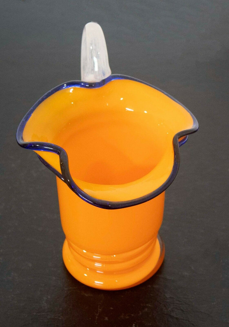 Czech Glass Yellow Pitcher w White Handle Table
