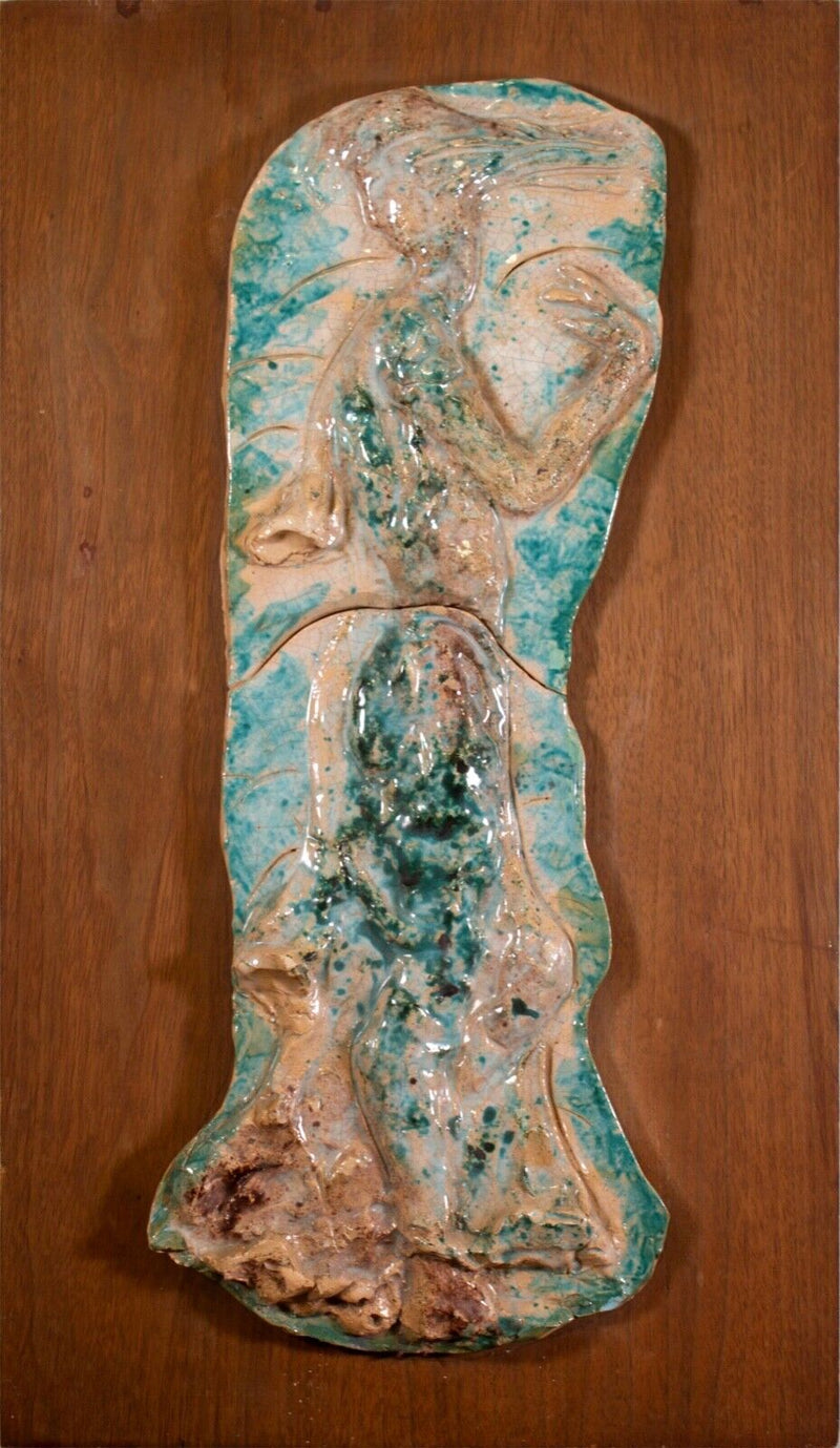 Emil Weddige Modernist Female Form Painted Ceramic Relief Sculpture on Board '60
