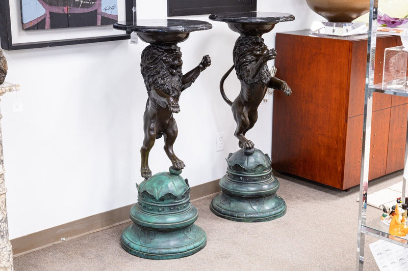 Pair of Cast Bronze Lion Sculptures with Marble Tops After P.J. Mene