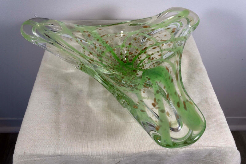 Vintage Murano Clear and Green with Gold Speckles Freeform Art Glass Bowl