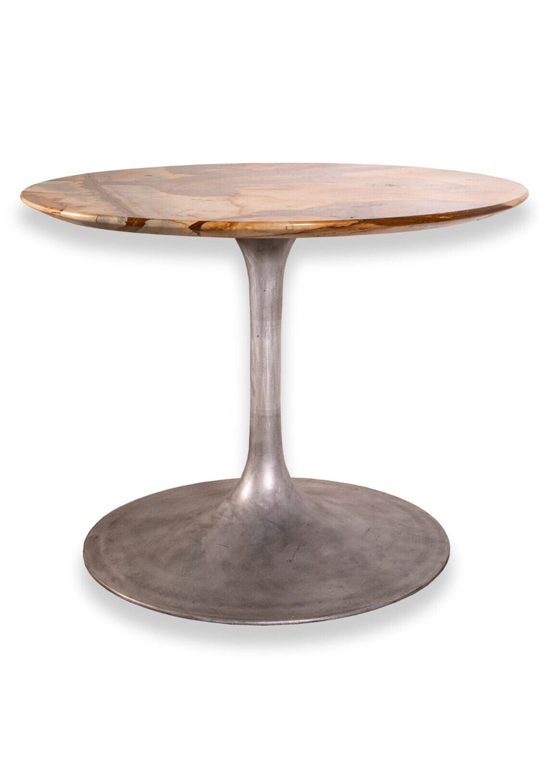 Contemporary Modern Round Brushed Steel Tulip Base Brown Marble Dinette Table