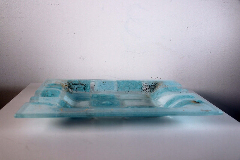 Mid Century Modern Higgins Fused Art Glass Tray Baby Blue, White, and Gold