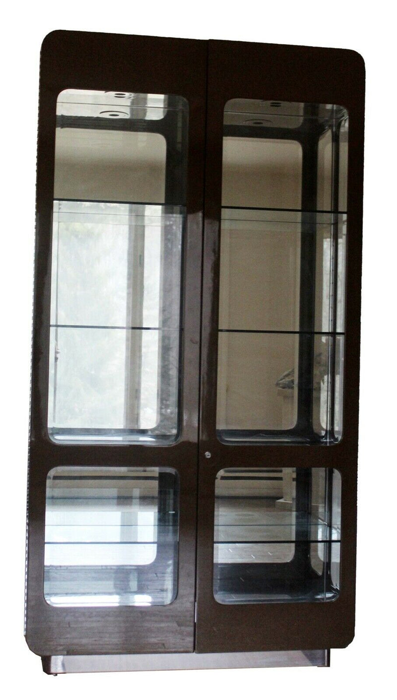 Lacquer Sculptural Illuminated Glass Etagere Storage Cabinet