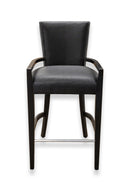 Contemporary Modern Pair of Woven Black Leather and Wood Bar Height Barstools