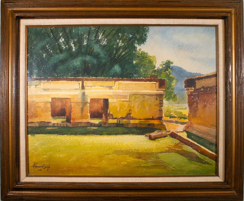 Howard Leigh Signed Adobe House Landscape Modernist Watercolor on Paper Framed
