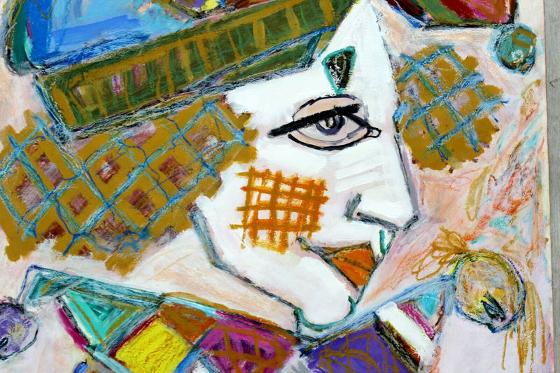 Contemporary Modern Unframed Signed Bartavsky Untitled Clown Pastel Art 1990s