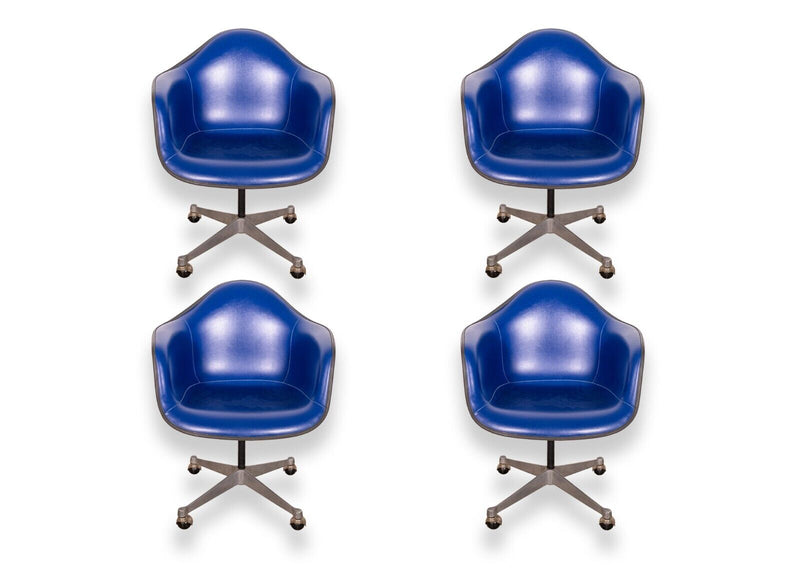 Set of 4 Vintage Eames Herman Miller Molded Fiberglass Blue Leather Swivel Chair