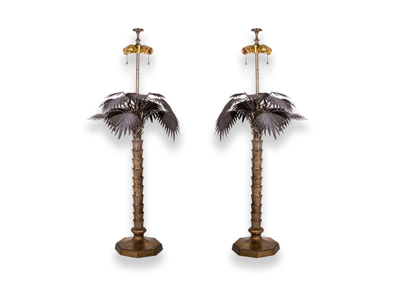 Mid Century Modern Hollywood Regency Pair of Bronze Palm Tree Table Lamps