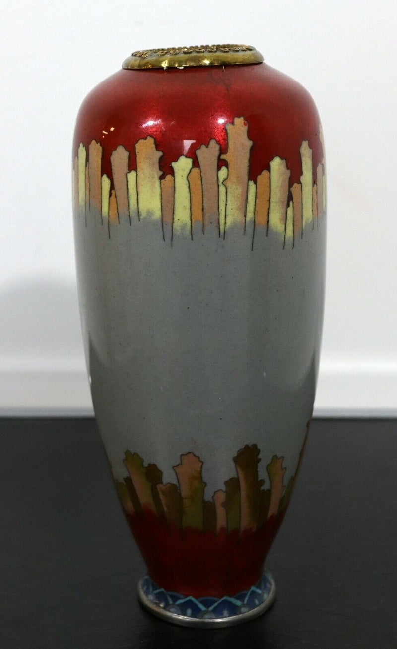 Vintage Signed Red and Gray Enameled Cloisonne Vase with Koi Fish