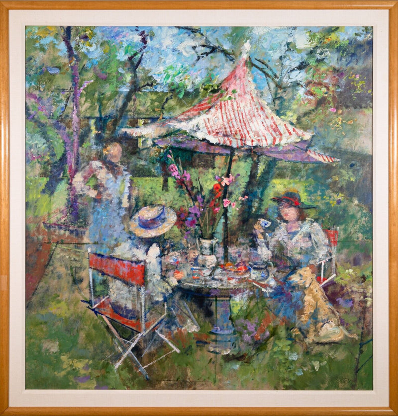 Richard Jerzy Under the Chinese Umbrella Signed Impressionism Oil Painting 1988