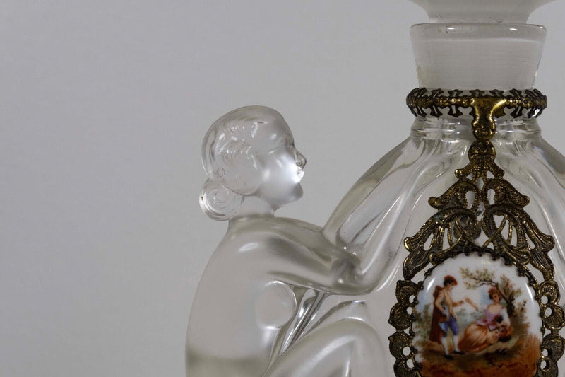 Josef Inwald Czech Art Deco Glass Perfume Bottle Nude Porcelain Plaque 30s