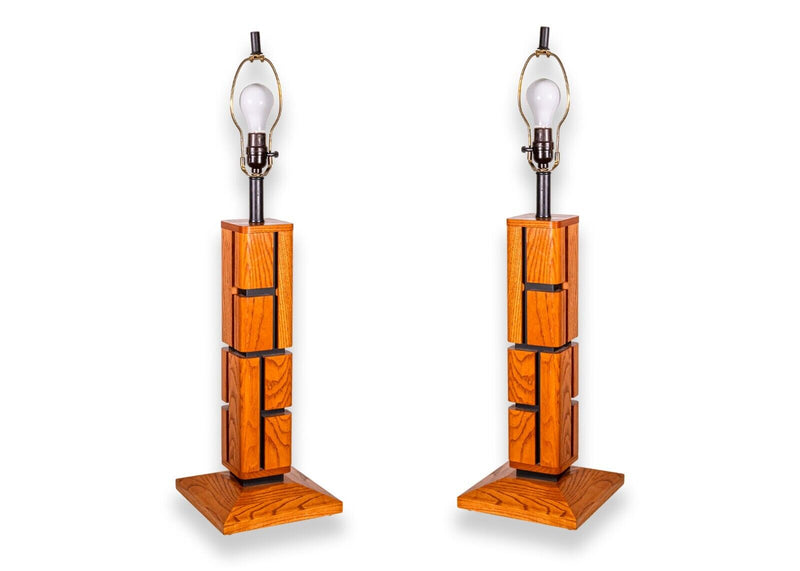 Pair of Geometric Post Modern Wood Puzzle Table Lamps 1970s