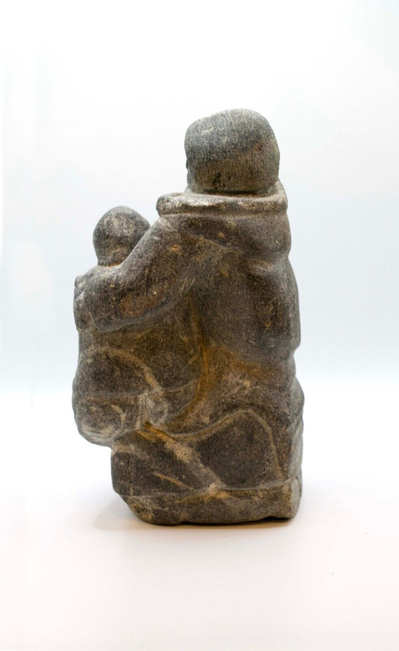 Inuit Mother & Child Grey Soapstone Carving Sculpture Native Arctic Canada