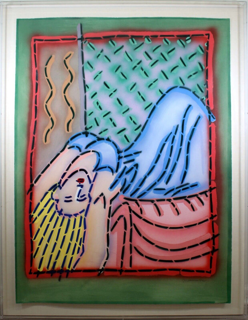 Contemporary Pop Art Mixed Media Painting Signed Reclining Woman in Lucite Frame