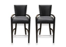Contemporary Modern Pair of Woven Black Leather and Wood Bar Height Barstools