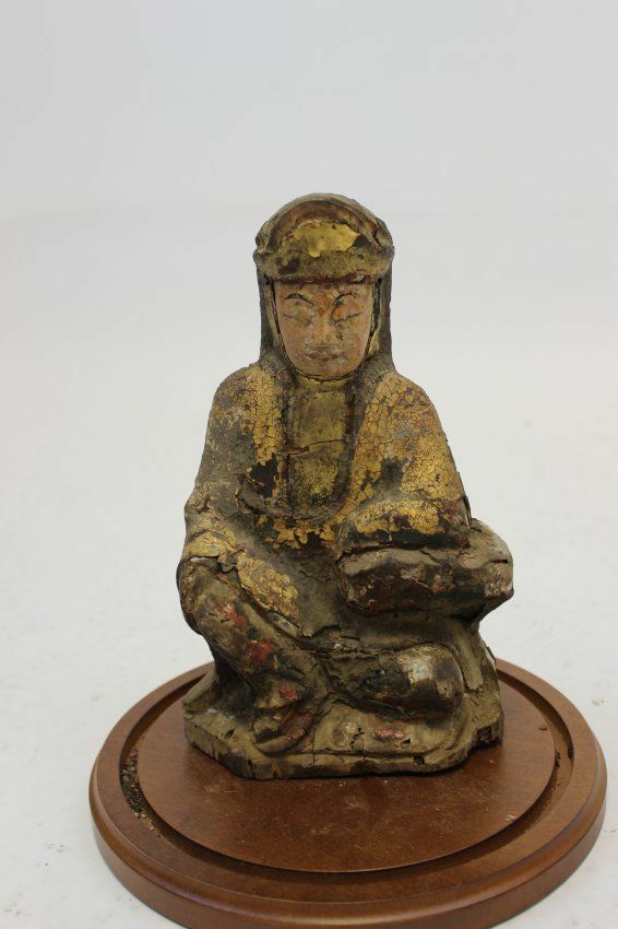 Rare Ancient Asian Buddha Wood Sculpture & Glass Dome