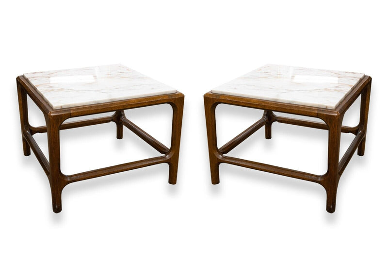 Mid Century Modern Pair of Mahogany Wood and Marble Top End Side Tables