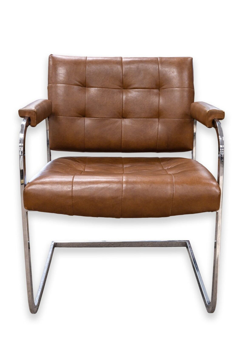 Set of 4 Patrician Mid Century Modern Brown Leather Chrome Cantilever Chairs