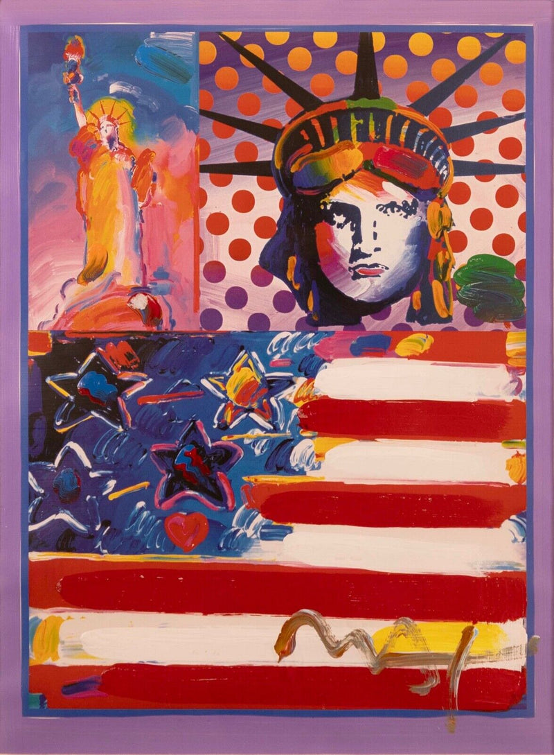 Peter Max God Bless America II Signed Mixed Media Acrylic Painting on Paper 2001