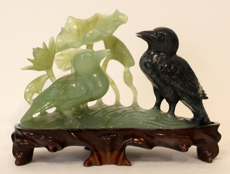 Vintage Carved Jade Birds on Wood Stand