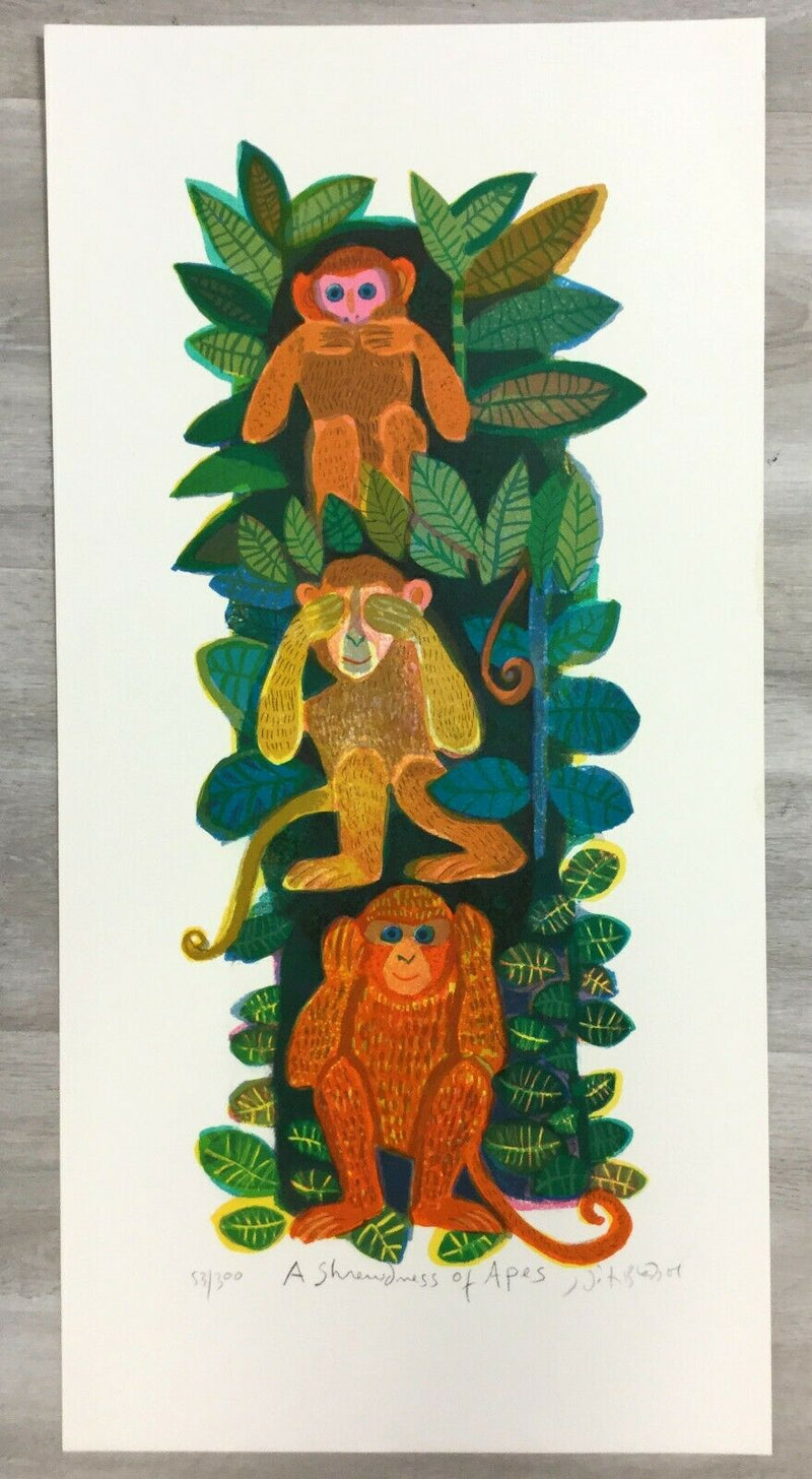 Mid Century Modern Unframed Shrewdness of Apes Judith Bledsoe Signed Lithograph